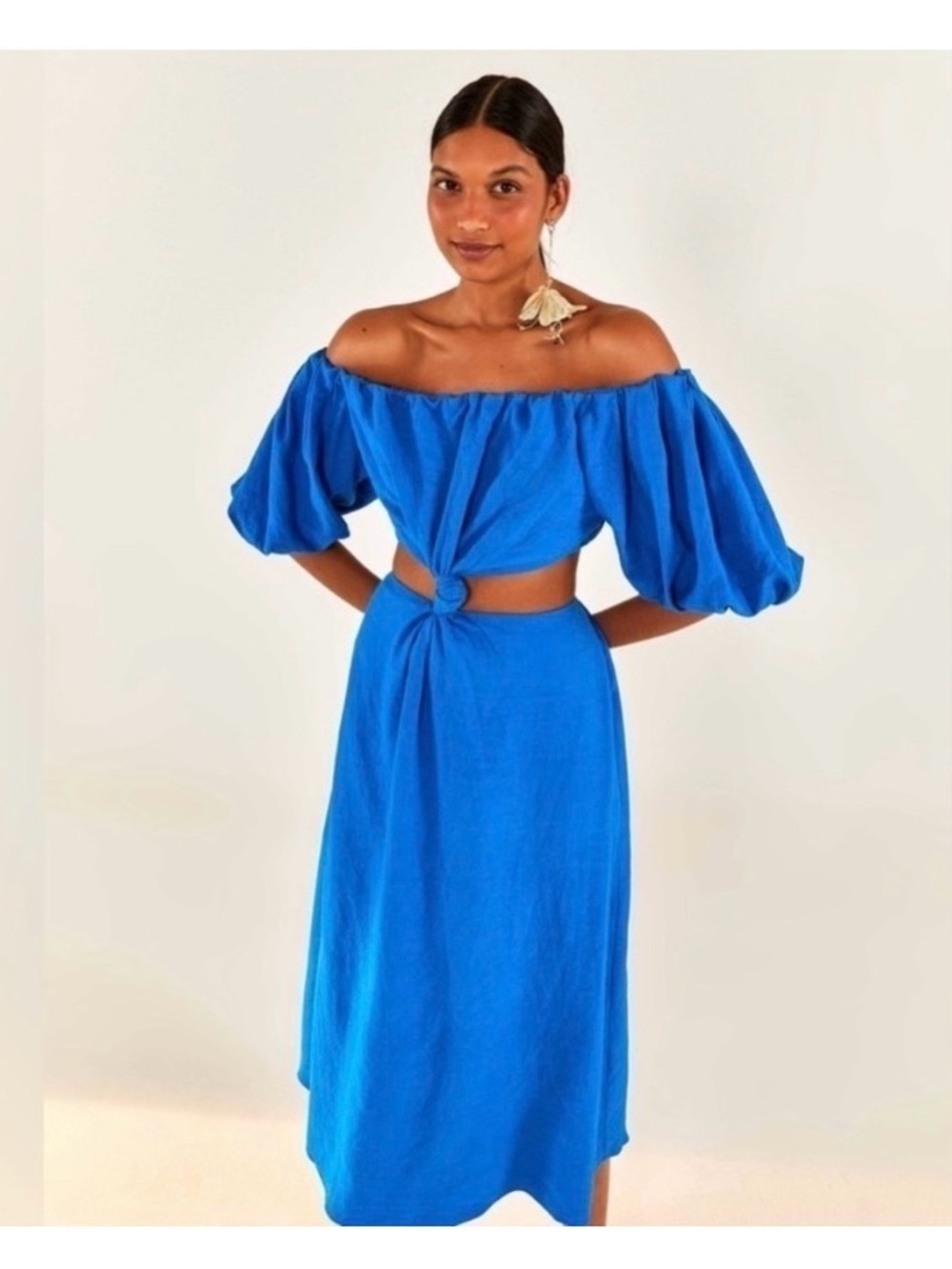 FARM Rio Blue Midi Knot Linen Blend Dress‎ M